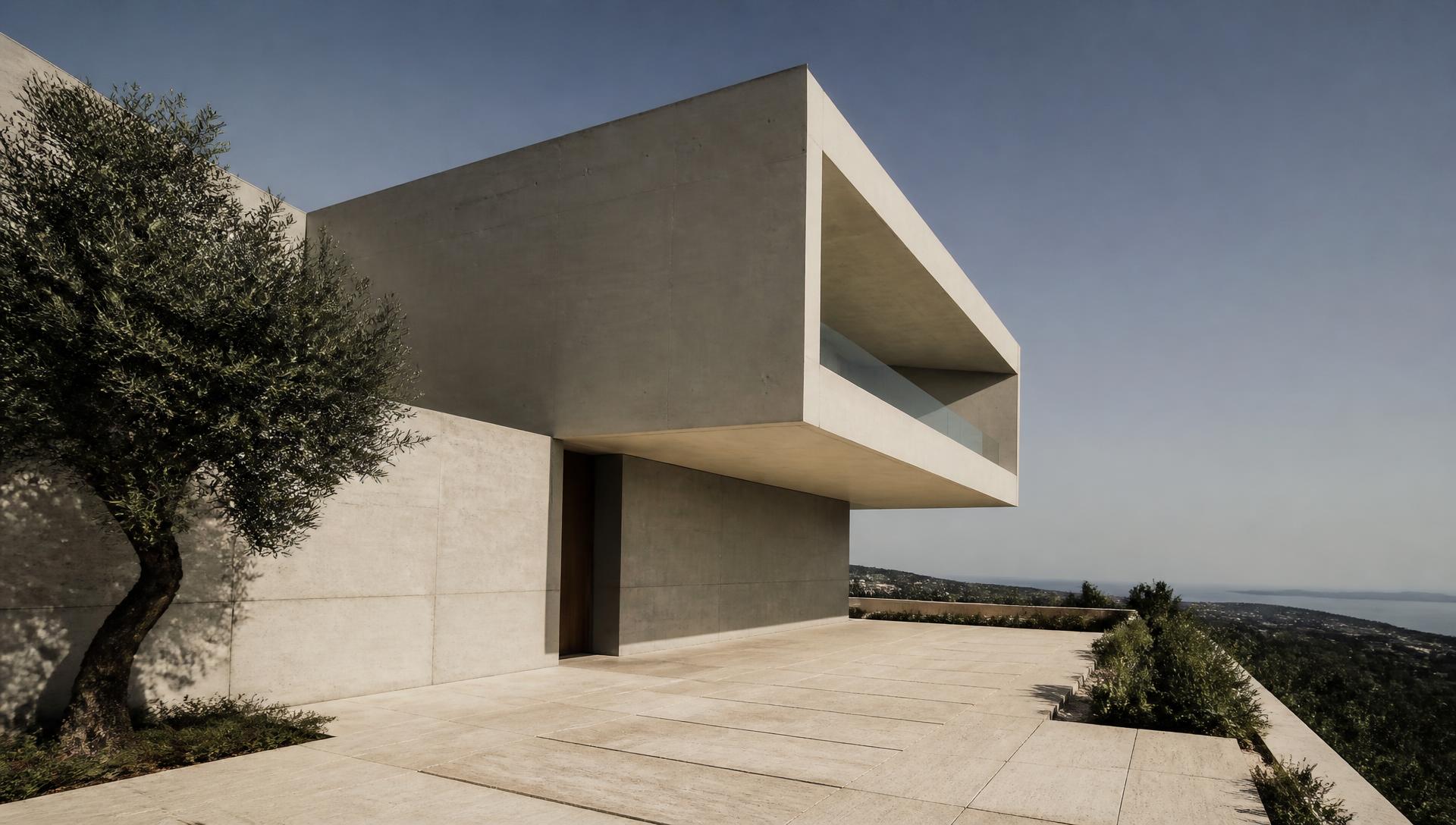 Volume de betão aparente sob luz solar, habitação contemporânea