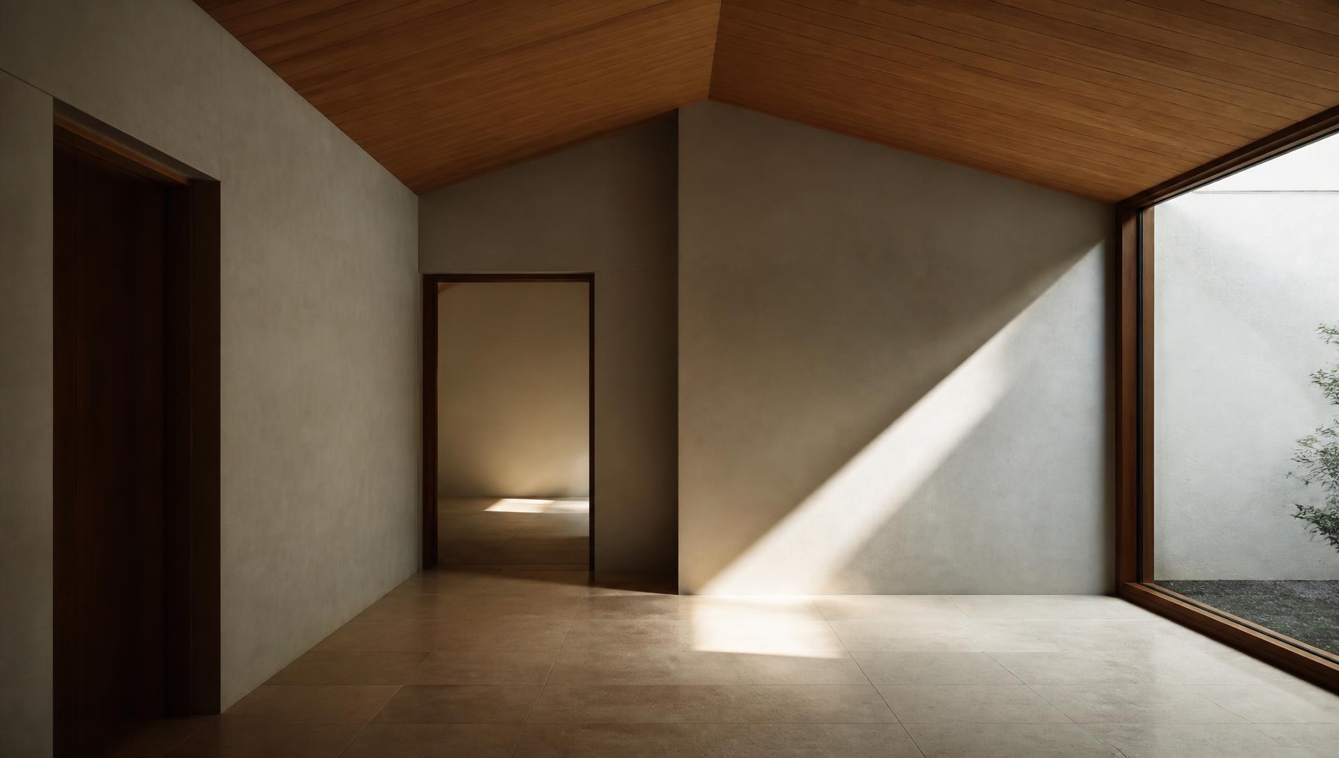Interior minimalista com tecto de madeira e luz natural rasante