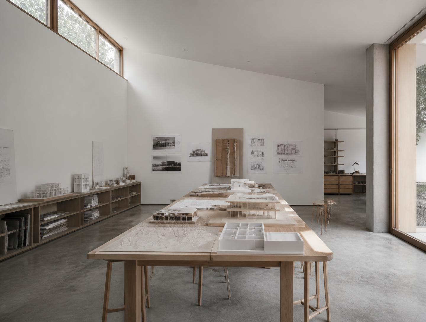 Atelier de arquitectura com mesa longa de madeira e maquetas sobre pavimento de betão