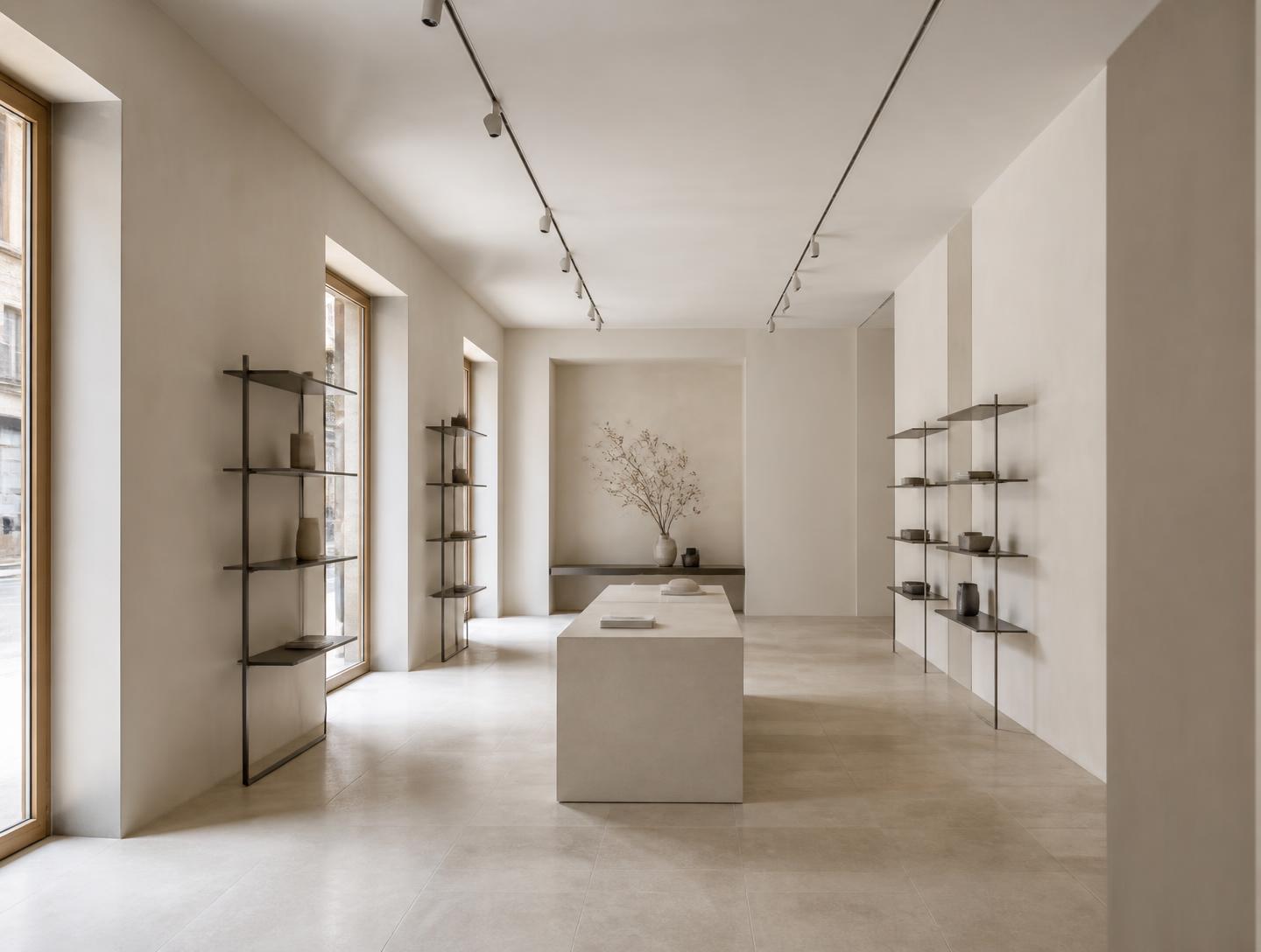 Espaço comercial minimalista com pavimento de pedra clara e estantes metálicas finas